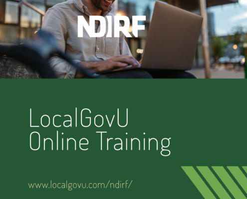 Person wearing a button up sits at a computer and appears to take an online class. A green rectangle is below the picture and includes the headline LocalGovU Online Training and in smaller text below the headline www.localgovu.com/ndirf.
